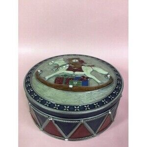 Vintage Christmas Treasure/Jewelry Box Enamelled With Mirror In Drum Shape 7"
